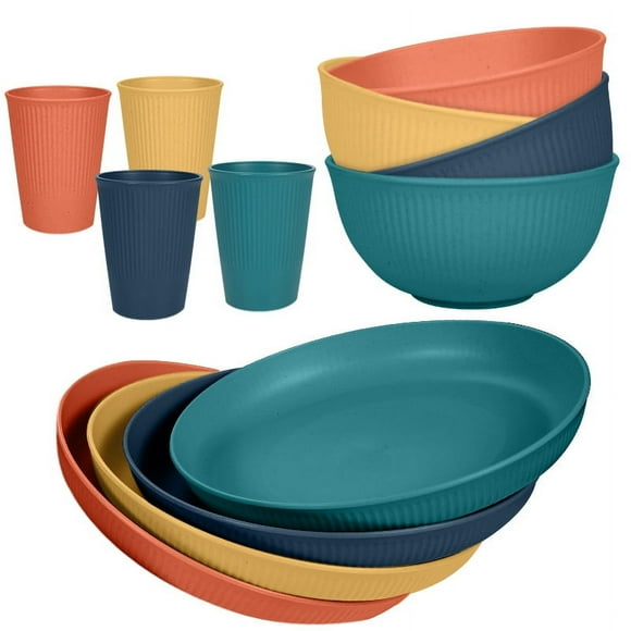 XmhyTop-A 12-Piece Dinner Plate Set - Dinnerware Sets for Family Meals, Kitchen Dishes Set with Wheat Straw Material, Service for 4,Multicolor