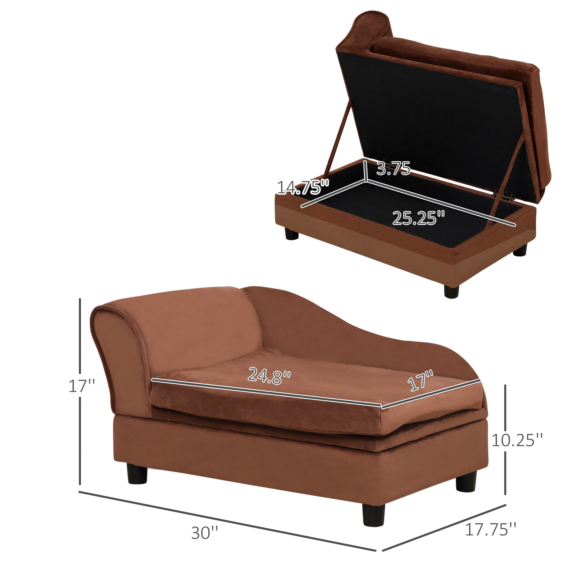 E-Western Luxury Small Dog Bed with Hidden Storage, Soft Foam Couch, Modern Pet Furniture for Puppies & Little Breeds, Brown