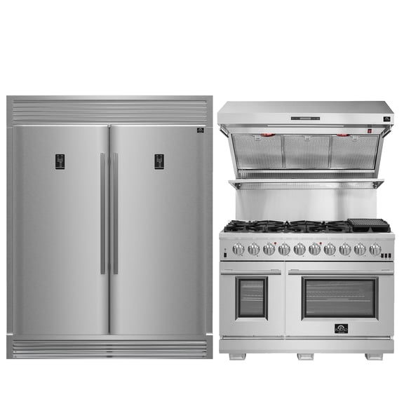 FORNO Premium 3-Piece Kitchen Bundle - Capriasca 48" Freestanding Gas Range, Rizzuto 60" W. Dual Combo Convertible Refrigerator, 48" Wall Mount Range Hood