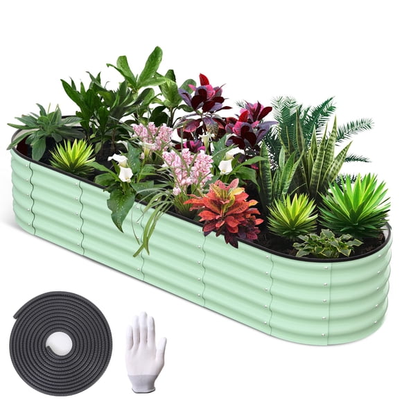 8x2x1.5 FT Outdoor Metal Raised Planter Box, Galvanized Steel Oval Open-Ended Bed for Vegetables, Flowers & Herbs, Olive Green