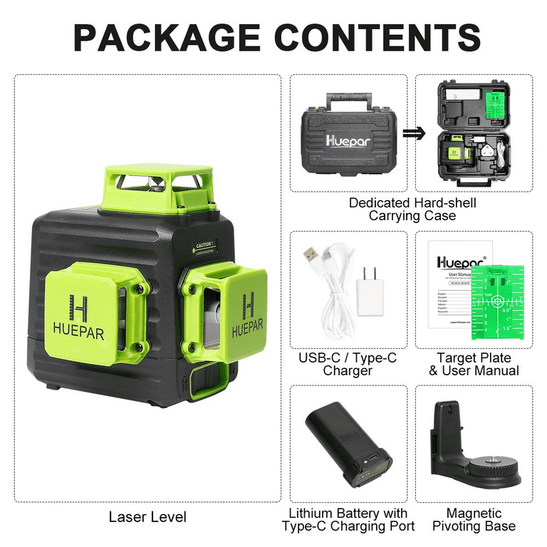 Huepar 3D Cross Line Laser Level 3 x 360 Green Beam Self-leveling Laser  Level Tools with Li-ion Battery, Type-C Charging Port and 360° Magnetic  Pivoting Base B03CG 
