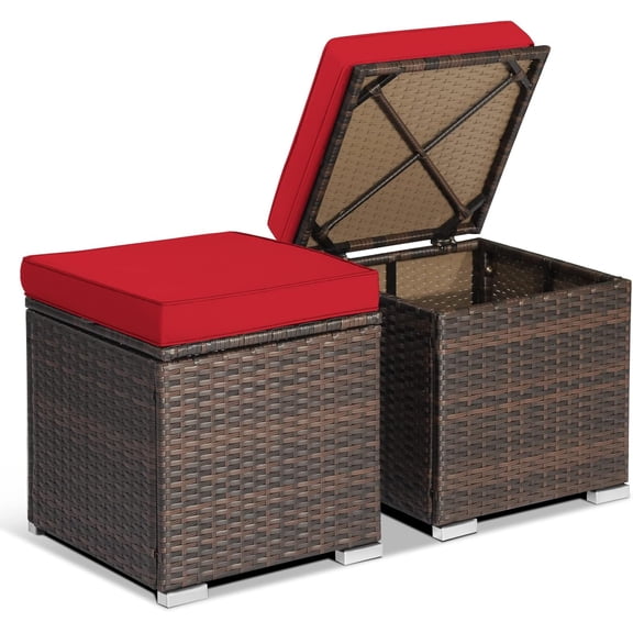 WLTER 2-Piece Patio Ottoman Set Outdoor Wicker Stool with Storage, Rattan Footrest Ottoman with Solid Metal Frame and Cushion for Backyard Poolside Garden Balcony
