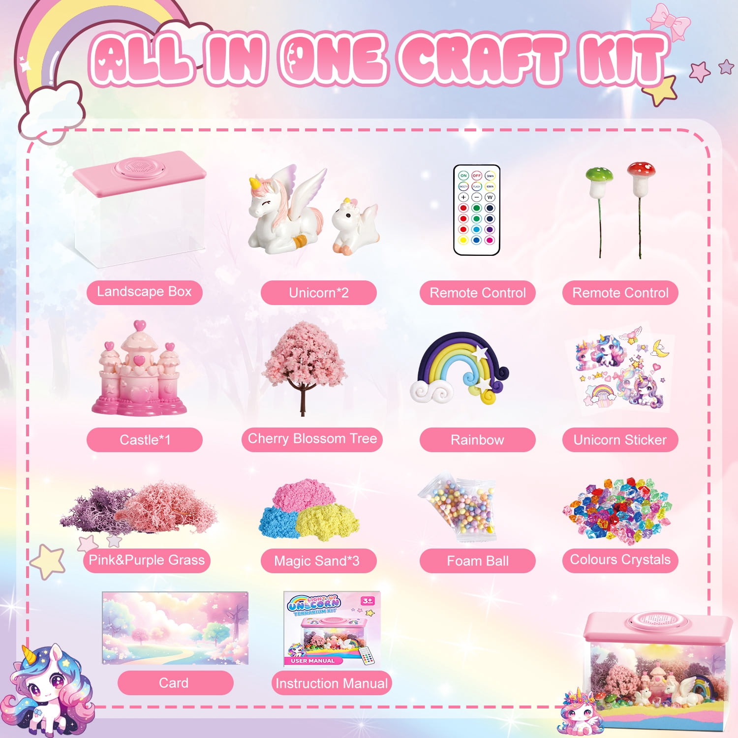 Caunedy Unicorn Terrarium Kit for Kids,Night Light with Remote & Music,DIY Arts and Crafts Kit,Perfect Gifts for Kid Aged 4-12