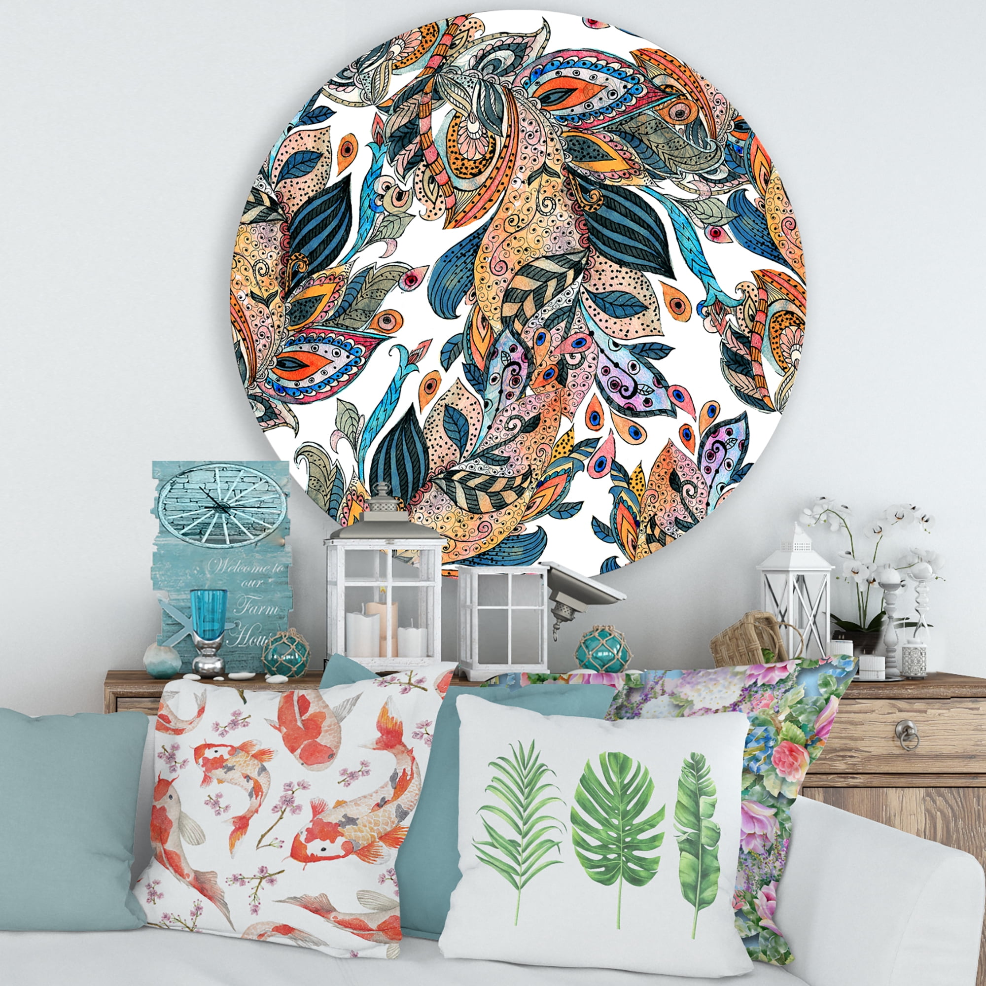 Designart 'Floral Seamless Abstract Texture Pattern' Traditional Circle Metal Wall Art 29x29 - Disc of 29