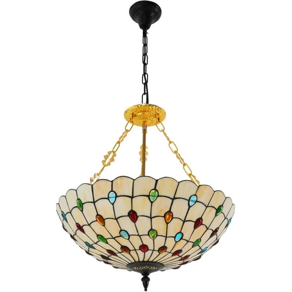 YIYIBYUS 20 Inch Ceiling Light Vintage 5 Light Stained Glass Ceiling Chandelier Peacock Green Semi-Flush Mount Close to Ceiling Lighting Fixture for Living Dining Room, Bedroom (Bulb Not Included)