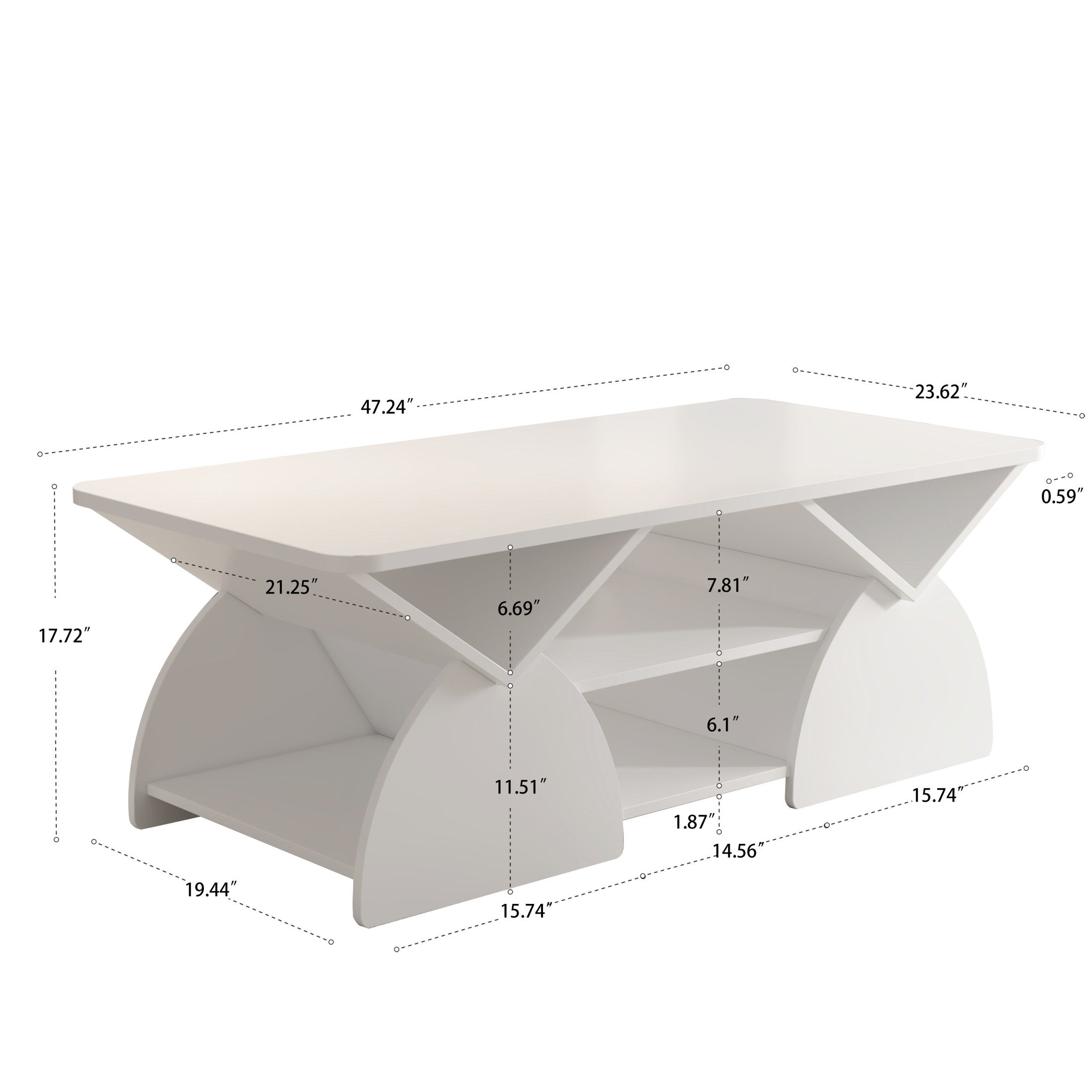 Noble House Arwick 47.24" Rectangular Coffee Table, Wooden Rounded Corners Tea Table, Geometric Open Shelves, White