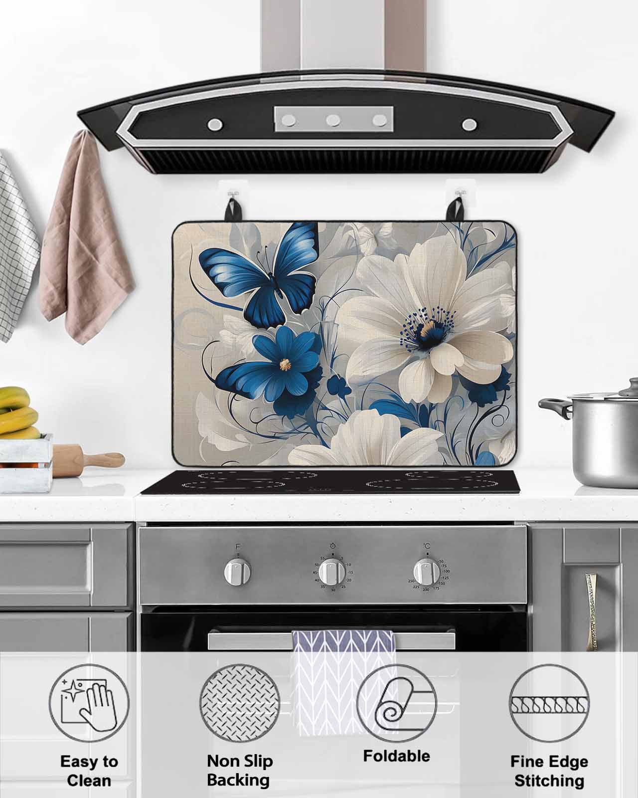 nqOlkjepod Large Induction Cooktop Protector Mat 36"x21", White Blue Flowers Stove Top Covers for Electric Stove, Vintage Elegance Butterfly Floral Stove Burner Cover Mats, Glass Top Stove Cover