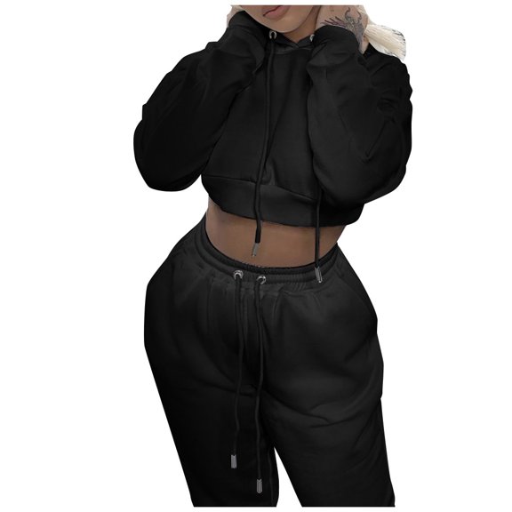 HAPIMO Women Crop Sweatsuits Hooded Pullover Sweatpants Long Sleeve Jogger Pant Set Pocket Tracksuit 2 Piece Hoodies and Sweatpants with Drawstring Sales Black XL