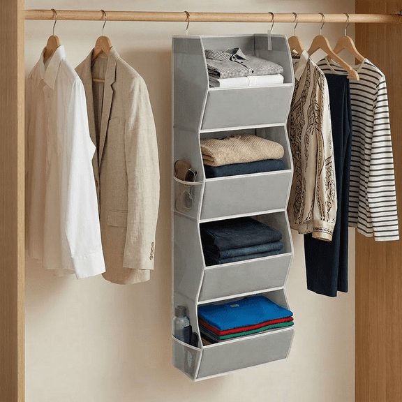 4 Tier Hanging Closet Organizer with Side Mesh Pocket Foldable Wardrobe Storage Shelf with 2 Metal Hook for Clothes Hat Toy and Accessory