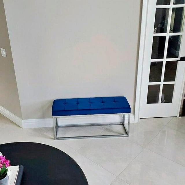 Heavenly Collection Blue Velvet Bench with Silver Metal Base – Modern Upholstered Accent Bench for Entryway, Bedroom, or Living Room