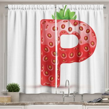Ambesonne Letter P Kitchen Curtains, Strawberry Alphabet Fruit, 55"x45", Vermilion Orange Green