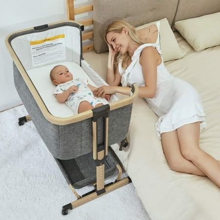 AMKE 3 in 1 Baby Bassinets, Baby Bedside Sleeper, Baby Crib with Storage Basket for Newborn, Arms Reach Co Sleeper, Adjustable Portable Baby Bed, Bedside Bassinet, Comfy Mattress/Travel Bag