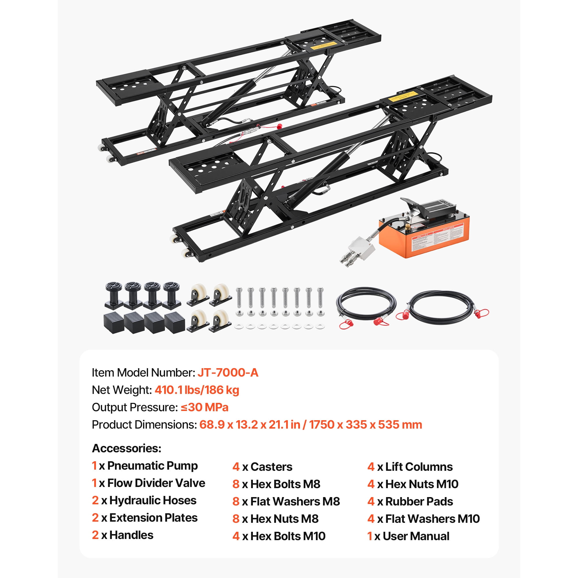 KFFKFF Portable Car Lift, 7000 lbs Capacity, Durable Steel Construction with 26.8" Max Height, Pneumatic Pump, Wheels, 4 Rubber Pads & 4 Lifting Columns