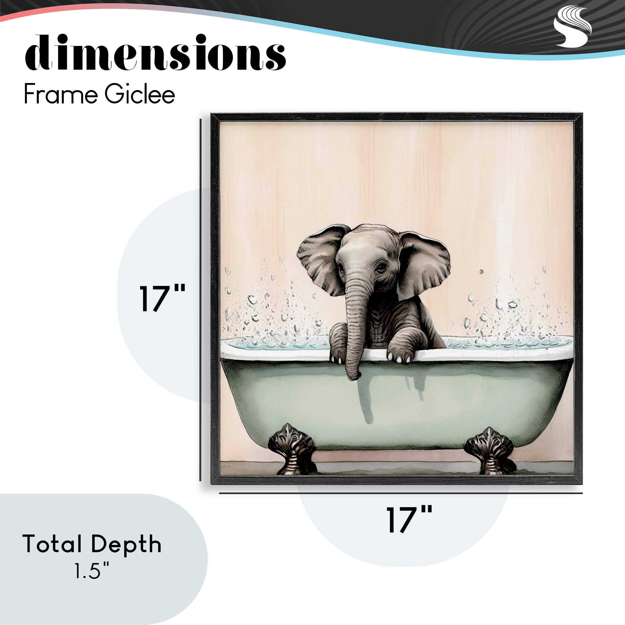 Baby Elephant Bathtime Black Framed Giclee Art, design by Sasha
