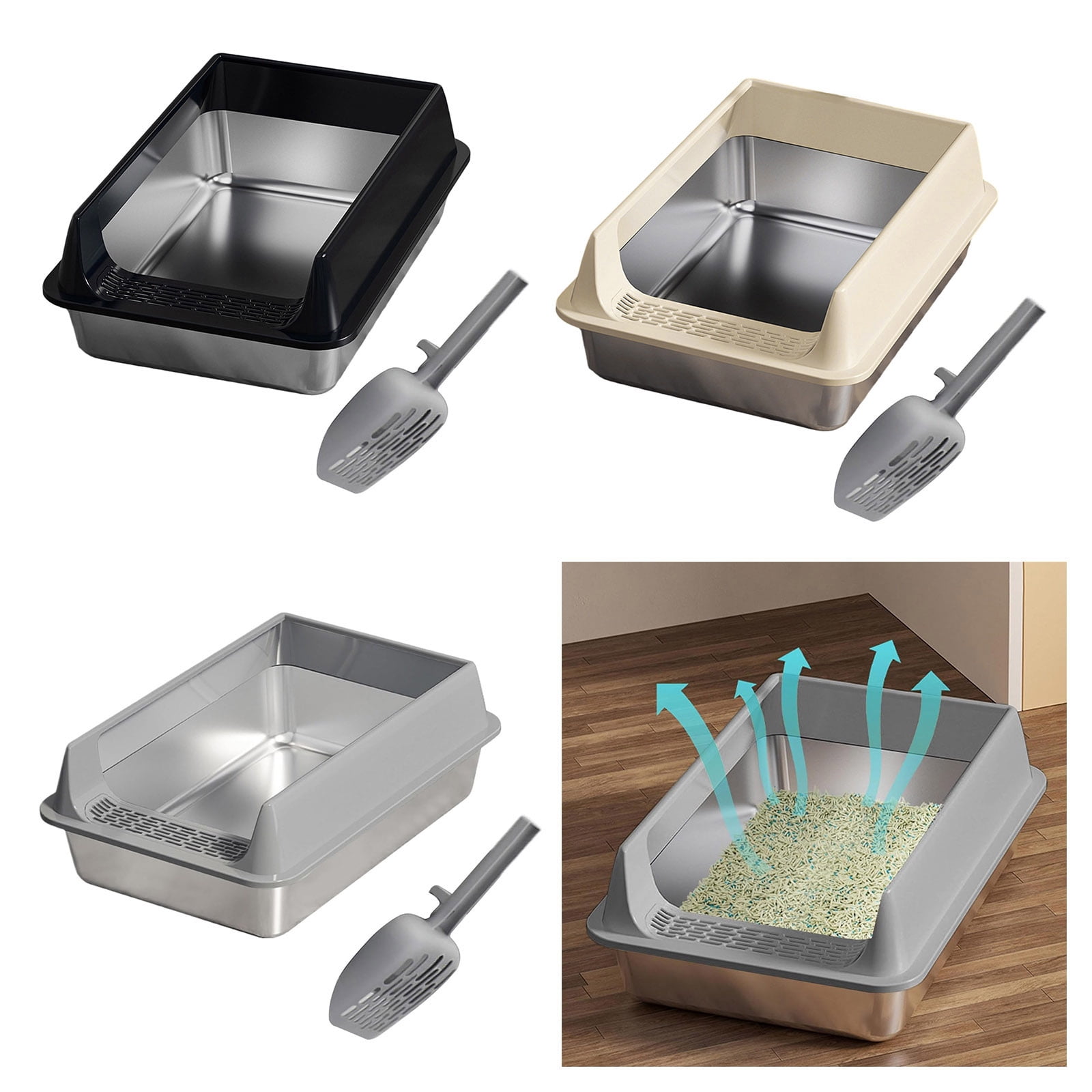Semi Enclosed Cats Litter Box With Airflows Design Stainless Steel Scratchproof Low Entry Litter Container For Large Cats