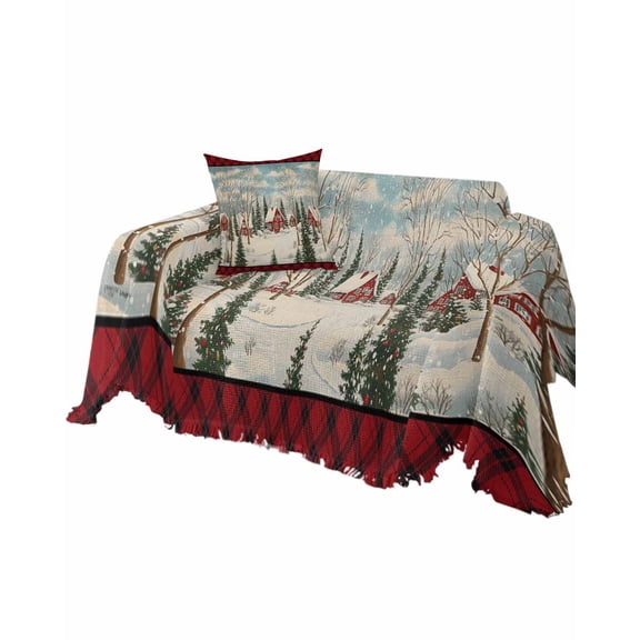 Christmas Sofa Couch Covers for Dogs, Washable Sectional Couch Slipcovers for Loveseat with Tassels, Farmhouse Snowflake Xmas Tree Red Plaid Non Slip Sofa Throw Cover Blanket L 71''x102''