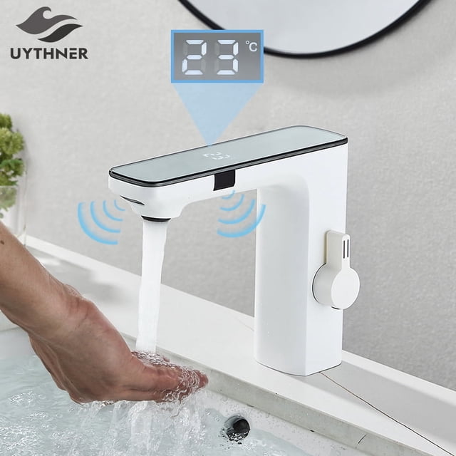 Uythner-grifo de lavabo con Sensor LCD inteligente, pantalla de visualización Digital, grifo mezclador de agua fría y caliente, grifo sin contacto para lavabo de baño