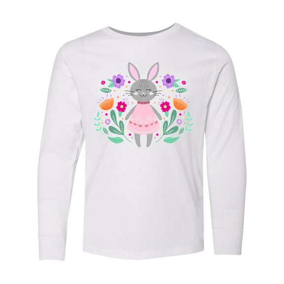 Inktastic Easter Scandinavian Bunny with Flowers Long Sleeve Youth T-Shirt
