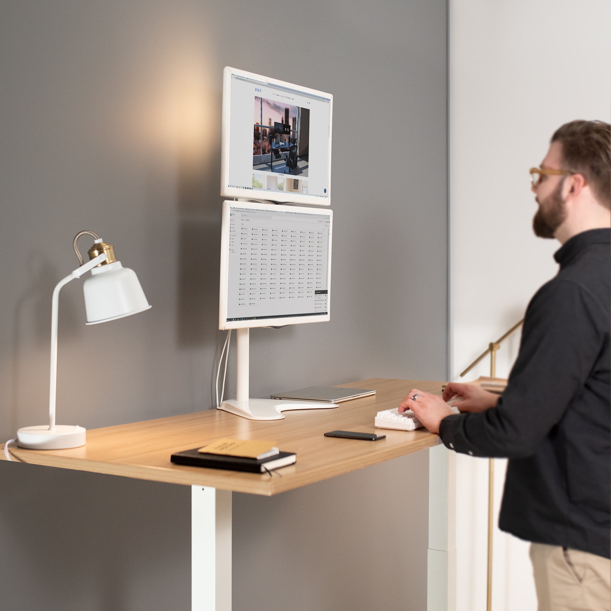 VIVO White Dual LCD Monitor Vertical Stand Mount, Fits 2 Ultrawides up to 34"