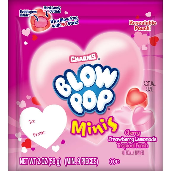 Charms Blow Pop Mini's, Valentine To / From, 2 oz Pouch. Peanut Free, Gluten Free. Milk and Soy may be present.