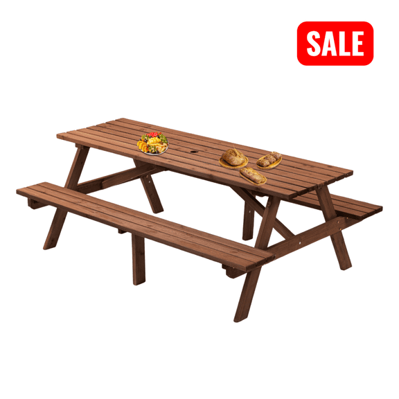Tcbosik Picnic Table with 2 Built-in Benches for 6-8 Person, Outdoor Wooden Dining Table with 1.97" Umbrella Hole for Backyard, Porch, Patio, Deck, Brown