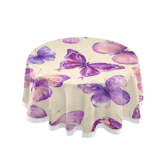 Round Single Sided Printed Tablecloth, 60 Inch Polyester Round Table Cover with White Lace Trim, Wrinkle Resistant Decorative Table Cloth for Home Purple Beautiful Butterfly