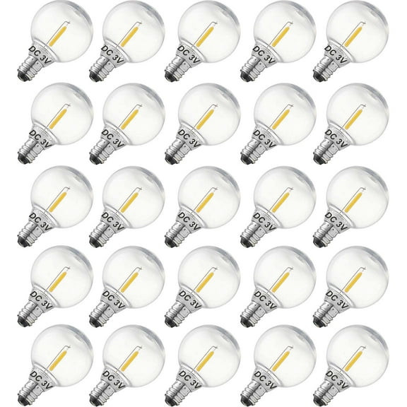 DC 3V Low Voltage,Solar String Light Bulbs,Shatterproof Waterproof E12 G40 LED Bulbs,0.6W Warm White 2700K 25 Pack.