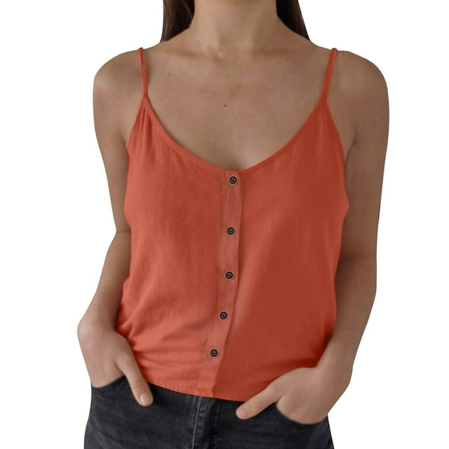 Timegard Camisole Tops for Women Spaghetti Strap Scoop Neck Button Solid Color Casual Sleeveless Tee
