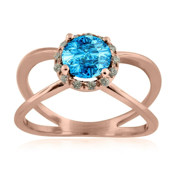 0.85 Carat 6MM Round Blue Topaz And Diamond Ring In 10K Solid Rose, White & Yellow Gold
