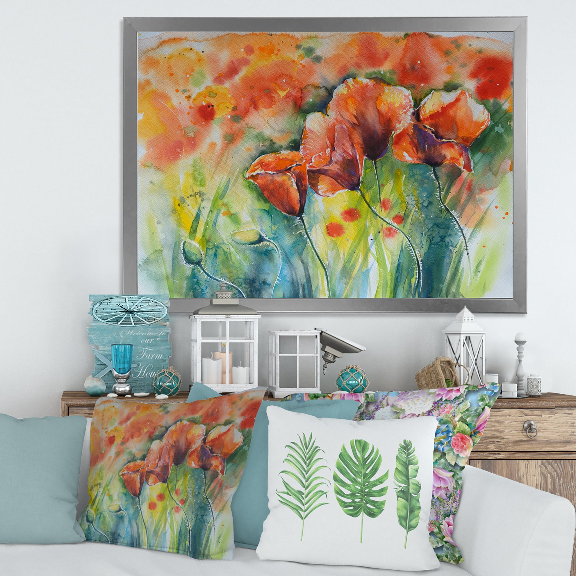 Designart 'Red Blossoming Poppies Over Wild Green IV' Traditional Framed Art Print