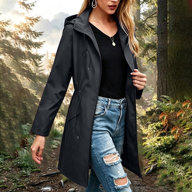 Sexlip Women Mid Length Hooded Trench Jacket Drawstring Hood Waist