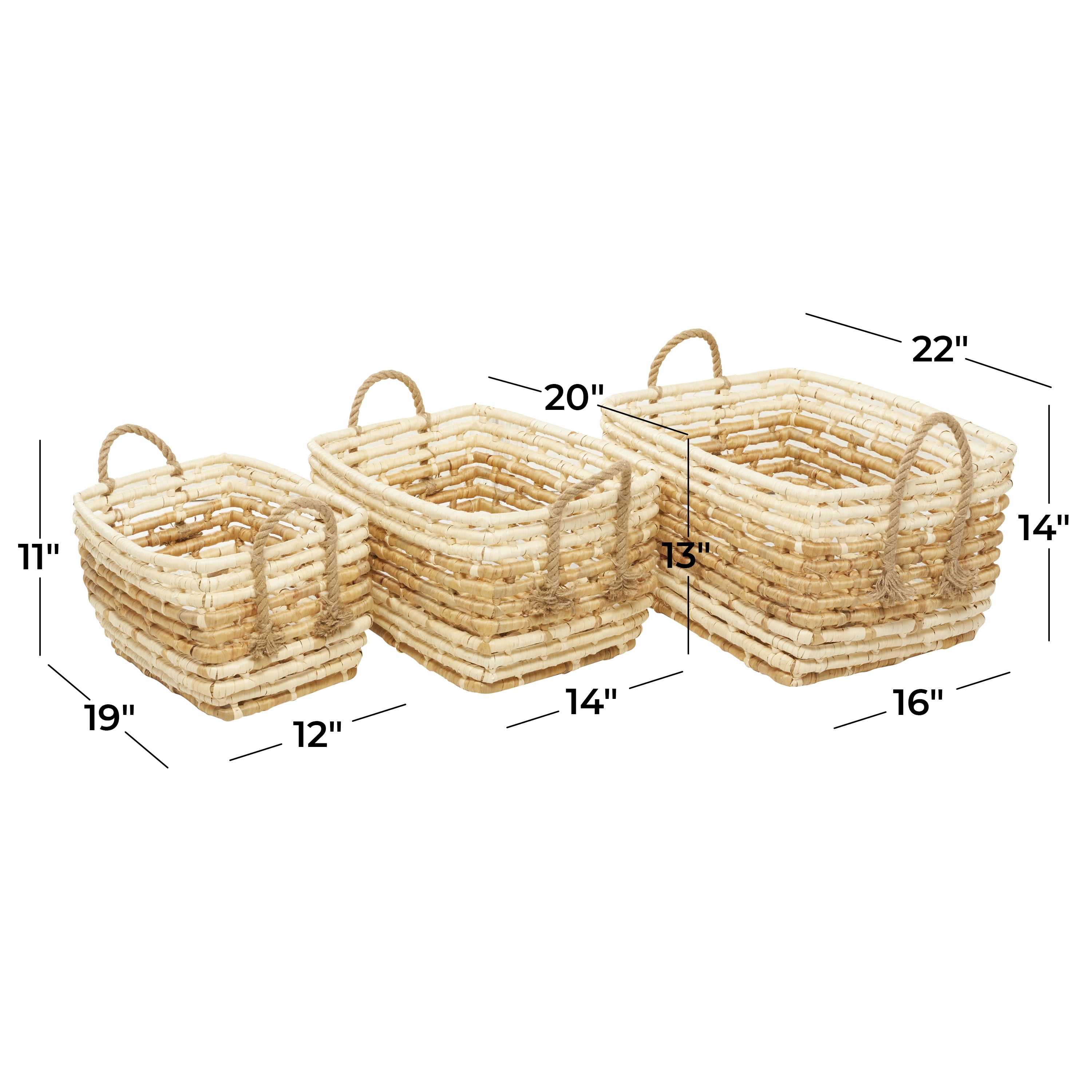 DecMode 16"W, 14"H Sea Grass Contemporary Storage Basket, Brown, 3-Piece