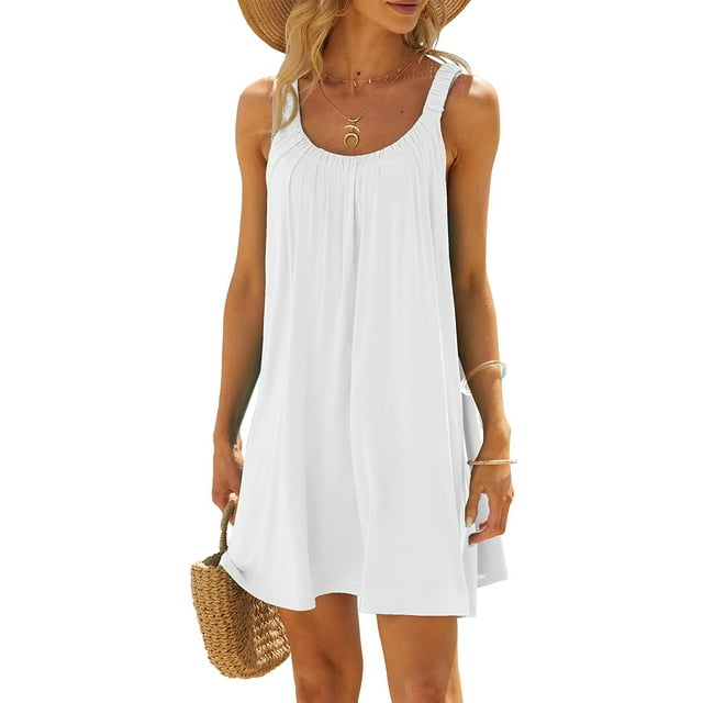 Kmbangi Femmes Été Courte Robe de Plage Couleur Unie Sans Manches U Cou Beachwear