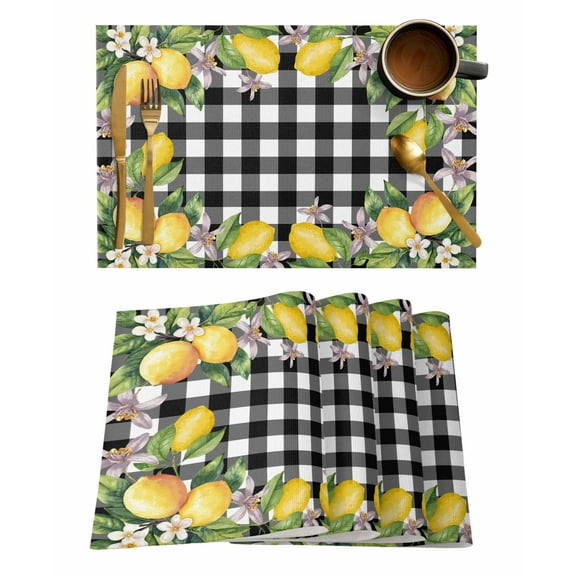 Yellow Lemon Placemats Set of 8 Black White Plaid Leaf Pink Flower Floral Heat Insulation Washable Place Mats, Rustic Non-Slip Table Mats for Dining Table Party Kitchen Decor,13x19 Inch