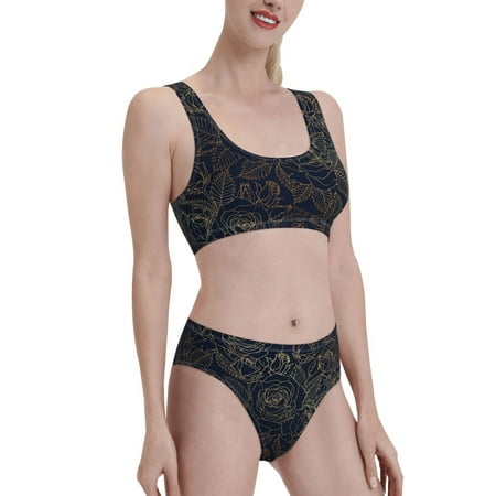 Uemuo Copper-Gold Gloss Outline Rose Printed Women s High Waisted Bikini Sets Sporty Two Piece Swimsuits Color Block Cheeky High Cut Bathing Suits-Small