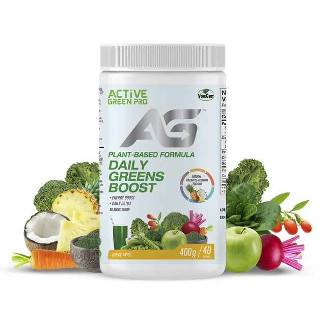 Active Green Pro® Daily Greens Boost in Pineapple & Coconut flavor, a 400 g plant-based supplement designed for energy boost, daily detox, and digestive health. The container highlights its 14 superfood ingredients and antioxidant benefits. Surrounding the product are fresh ingredients like pineapple, coconut, broccoli, spinach, and apples, emphasizing its natural composition.
