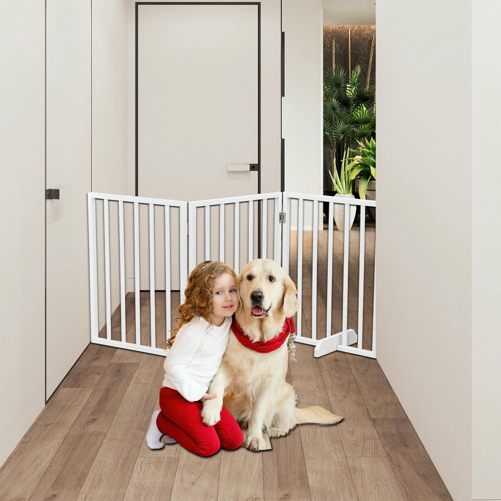 GVN Freestanding Pet Gate, Dog Gate,The Wooden Dog Fence White