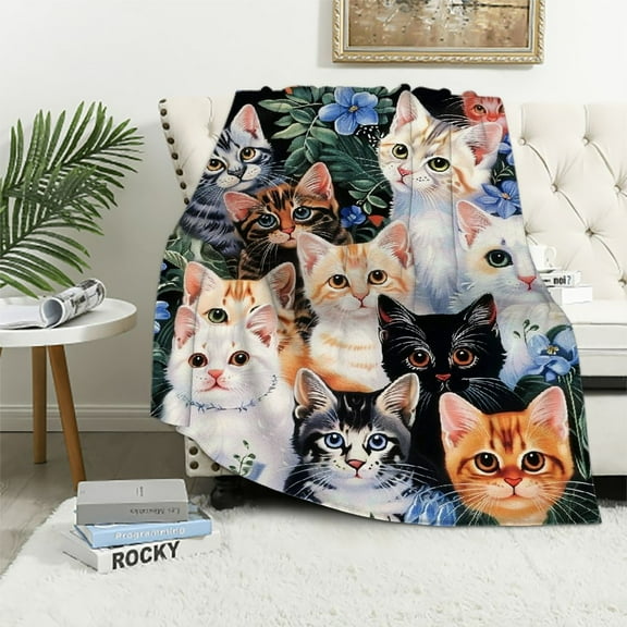 Patifu  Collage Kitten Fleece Blanket for Bed, 50" x 60" Fleece Throw Blanket for Unisex and Kids - Super Soft Plush Cat Blankets for Cat Lovers Cats Print Throws Blankets - Queen Size Blanket White