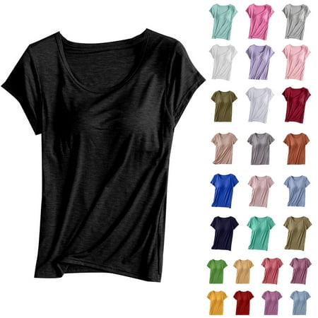Otntypg Women s Cotton T Shirt with Built-in Bra Padded Active Tee Shirts Plus Size Casual Short Sleeves Shelf Bra Comfy Athletic Shirts Navy M