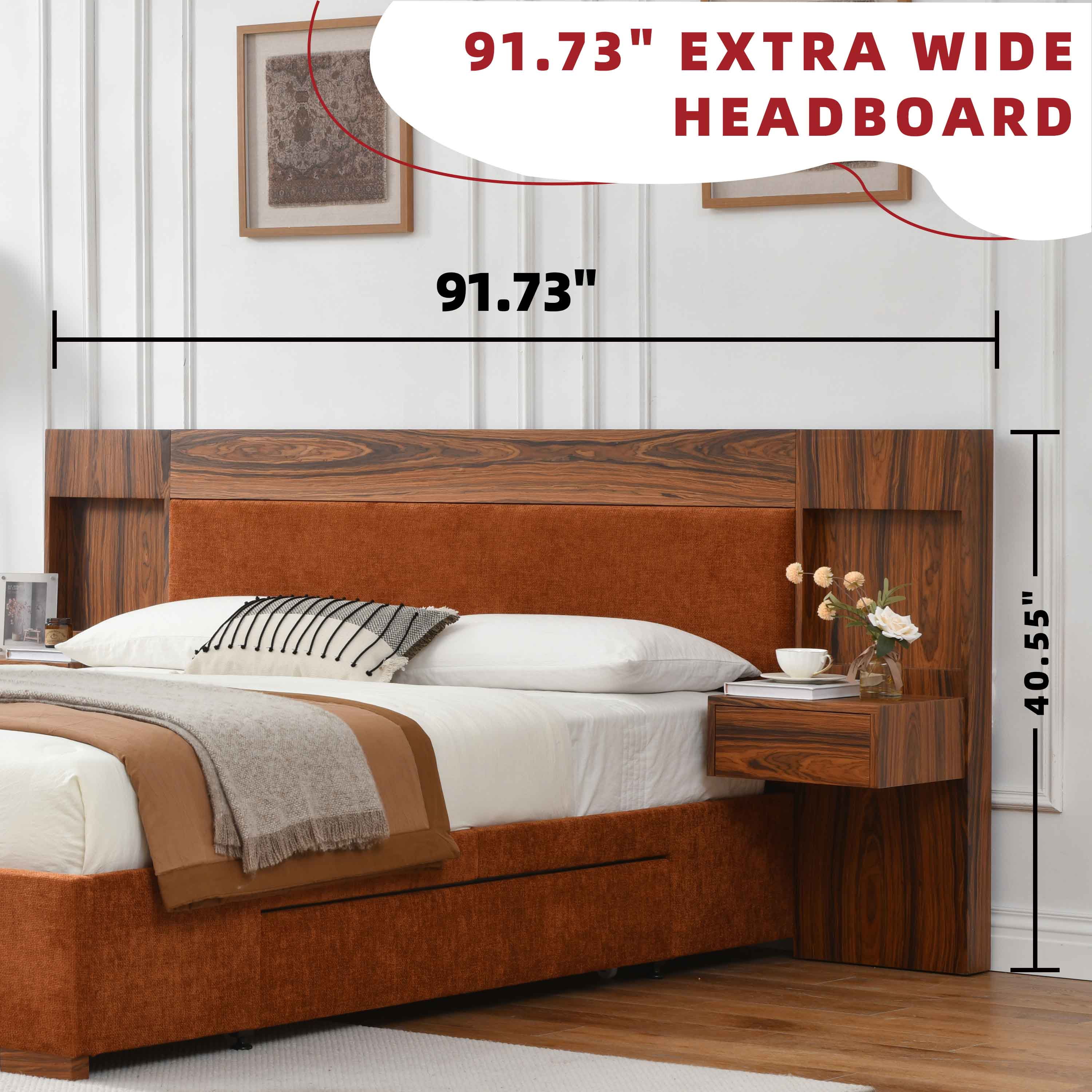 Queen Size Bed Frame with Storage Drawers & Built-in Nightstands, Wood Bed Frame with Linen Upholstered Headboard, No Box Spring Needed, Ocher
