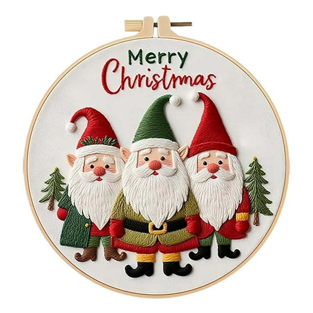 Beginner Embroidery Kit for Christmas DIY Projects with Printed Cloth, 3 Needles, English Instructions, and 20 cm Hoop