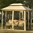 thumbnail image 6 of SYNGAR Outdoor Patio Swing Chair Bench, 8.9 FT x 5.9 FT Gazebo with Daybed Double Tier Canopy, Cushioned Seat, Mesh Sidewalls for Patio Garden Backyard, Khaki, 6 of 10