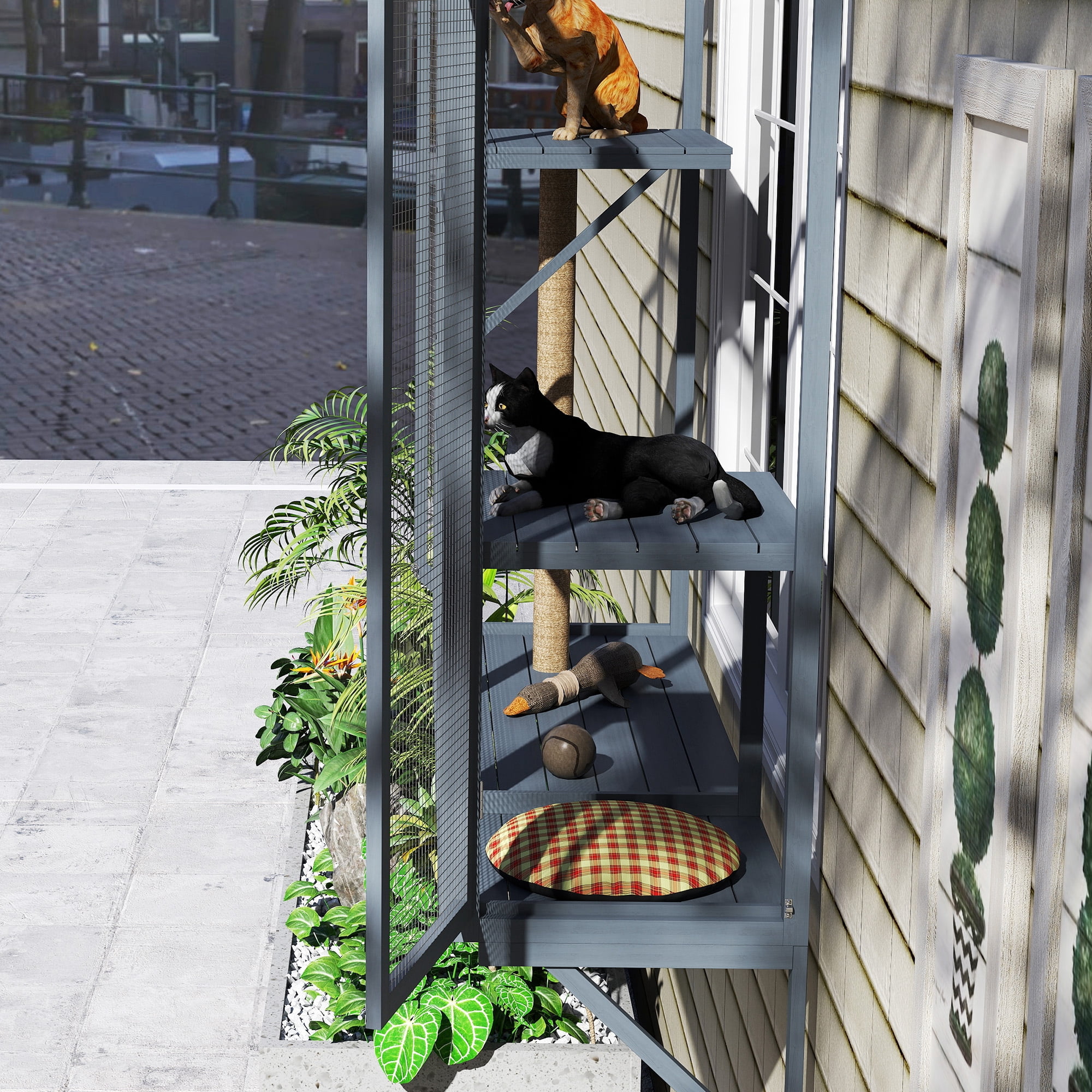 PawHut Catio Outdoor, Cat Window Catio for 2-3 Large Indoor Cats with 2 Jumping Platforms, Scratching Post, Cat Window Box for Playing, Sunbathing