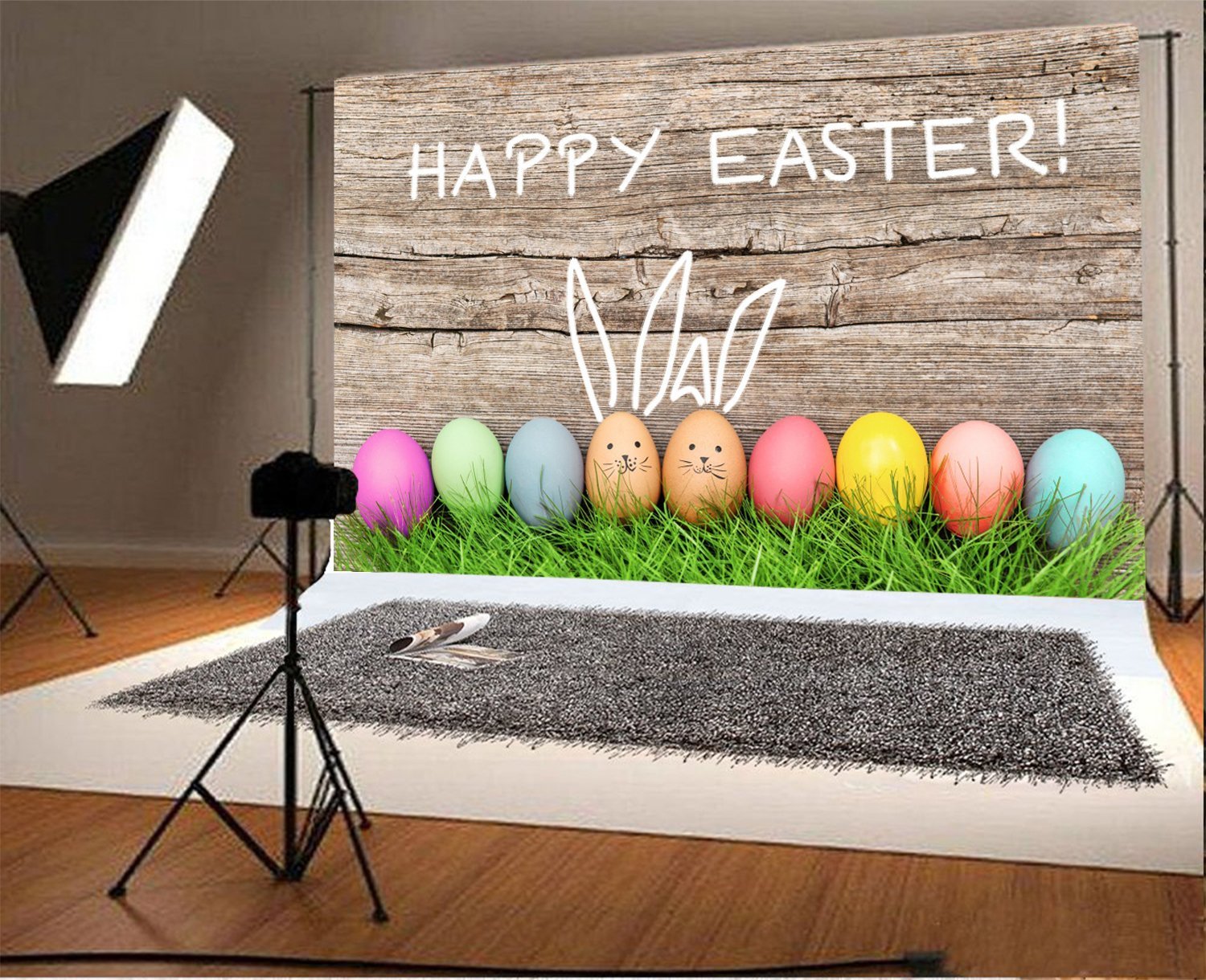 HelloDecor Polyster 7x5ft Photography Backdrop Funny Bunny Easter Eggs