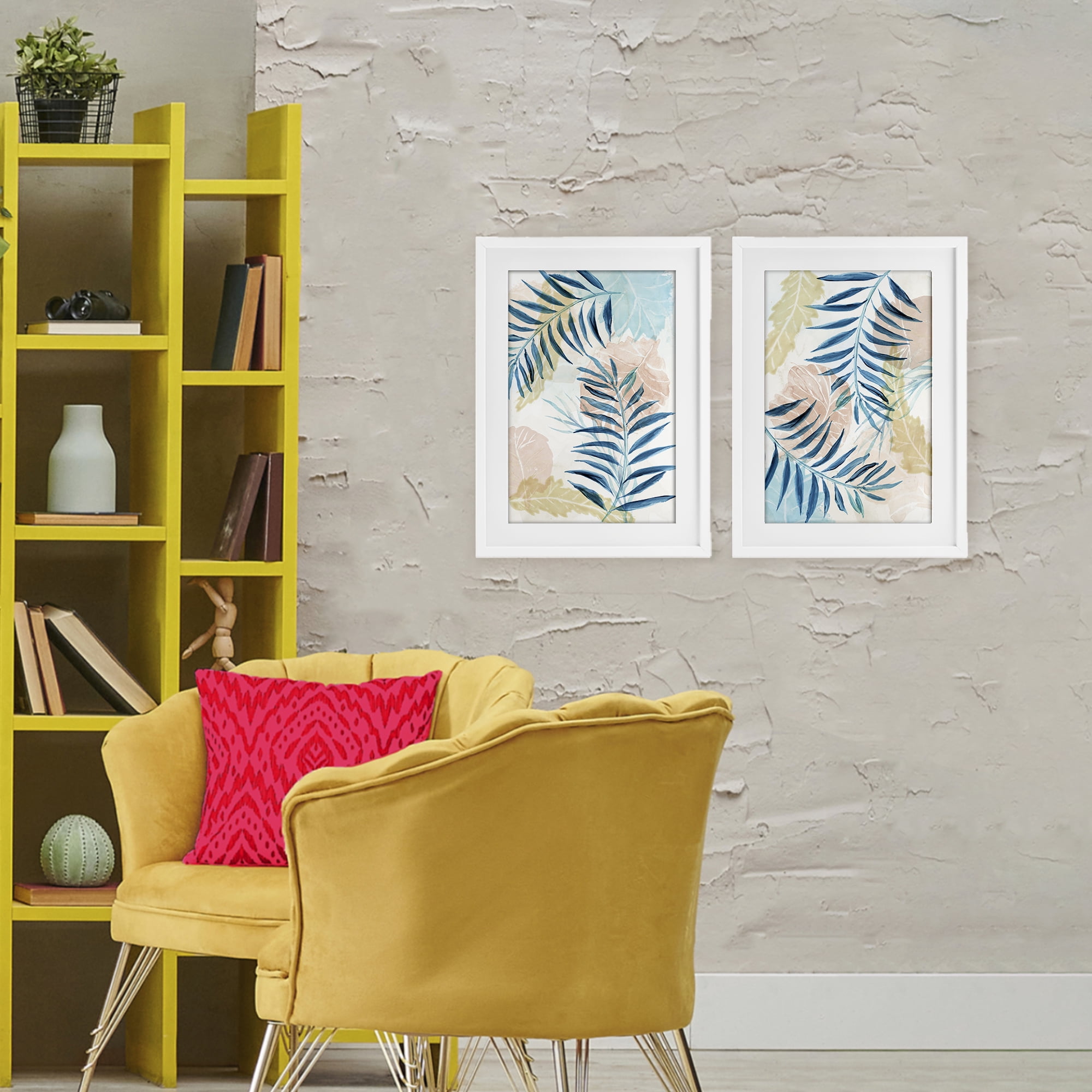 Stupell Industries Pastel & Blue Palm Fronds 2 Piece White Framed Print Under Glass Set, design by Nan