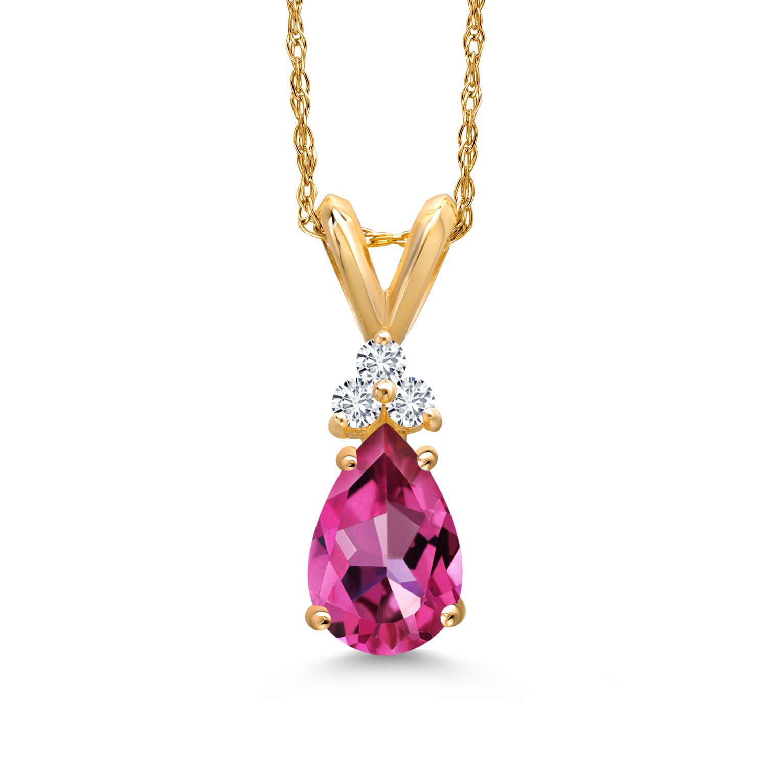 Gem Stone King 14K Yellow Gold Pure Pink Mystic Topaz and White Diamond Pendant Necklace for Women | 1.08 Cttw | Gemstone November Birthstone | Pear Shape 8X5MM | With 18 inch Chain