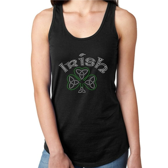 Womens T-Shirt Rhinestone Bling Black Tee Irish Celtic Shamrock Trinity Tank Racer Back XX-Large