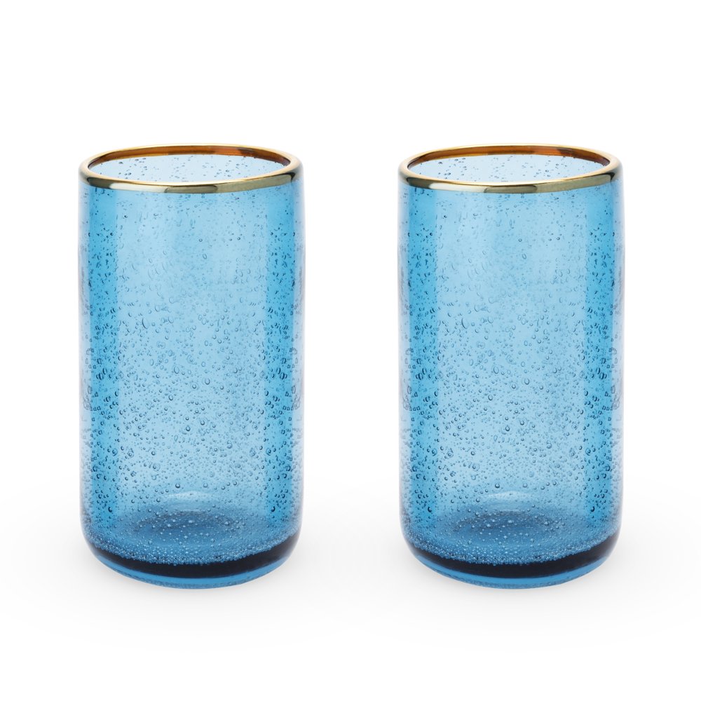 Twine Deep Blue Bubble Gold Rim Glass Tumblers, Tinted Glass, Set of 2