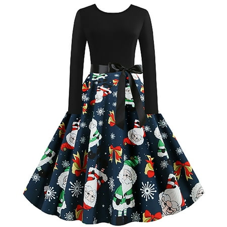 

Vintage Dress for Womens Long Dresses 1950s Santa Graphic Printed Swing Tea Dress Cocktail Party Dress