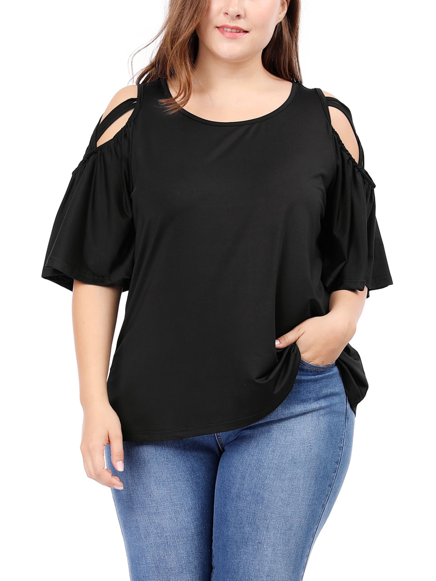 Unique Bargains Women's Plus Solid Strappy Cold Shoulder Trumpet Sleeve T-shirt
